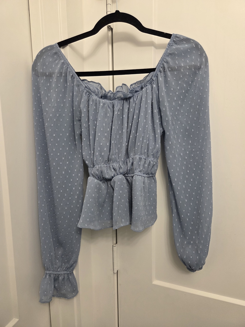 Light Blue Swiss Dot Long Sleeve Peplum Top